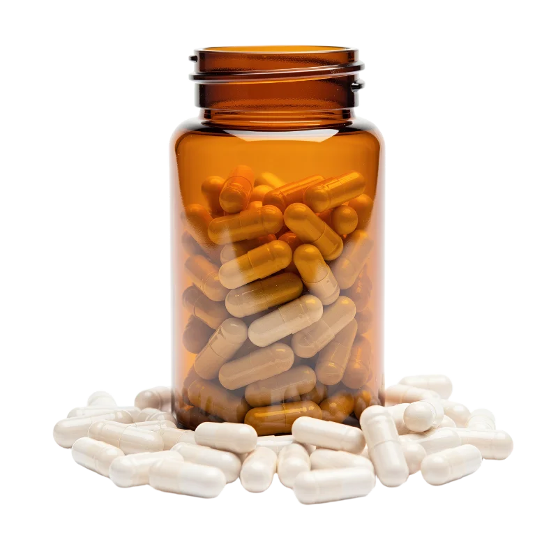 Amber Glass Pill Bottle with Medical Capsules — Science transparent PNG image, amber