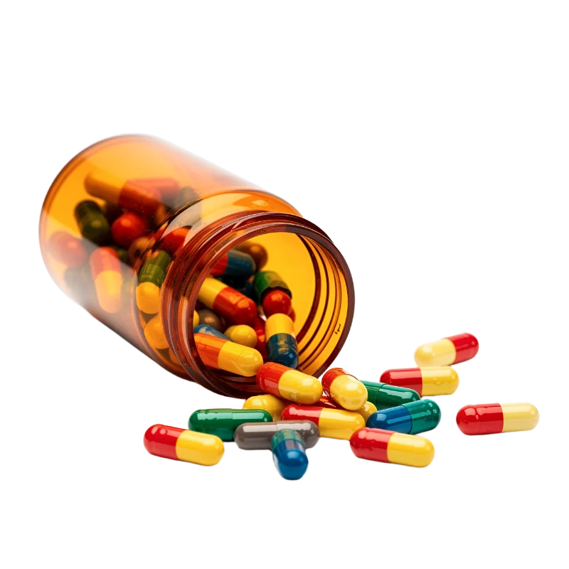 Amber Medicine Bottle with Colorful Pharmaceutical Capsules — Science transparent PNG image, bottle