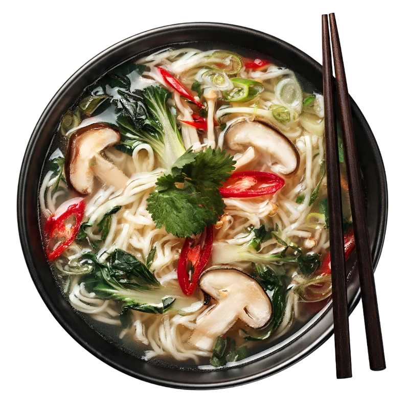 Asian Ramen Noodle Soup with Mushrooms and Bok Choy — Food transparent PNG image, asian
