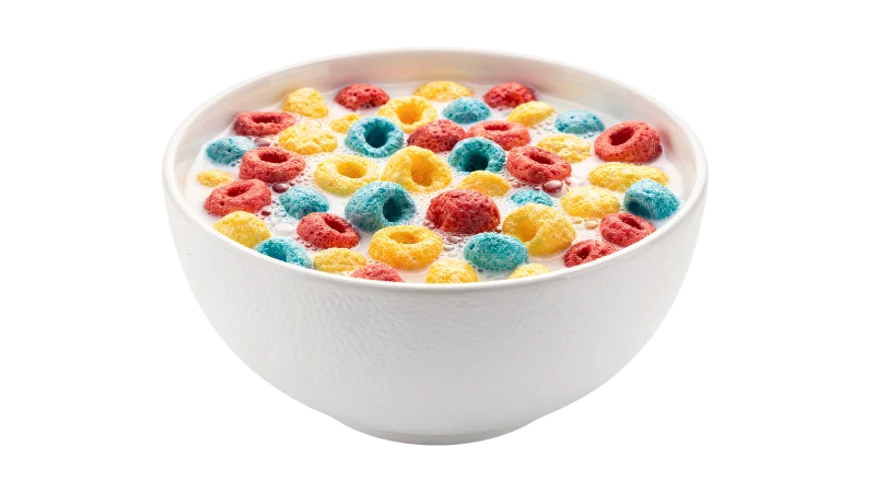 Bowl of Colorful Fruit Flavored Cereal with Milk — Food transparent PNG image, bowl