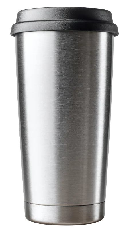 Brushed Stainless Steel Travel Mug with Black Lid — Drinks transparent PNG image, beverage