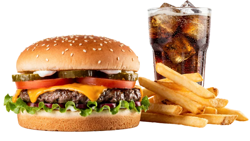 Classic Cheeseburger Meal with Fries and Soda — Food transparent PNG image, burger
