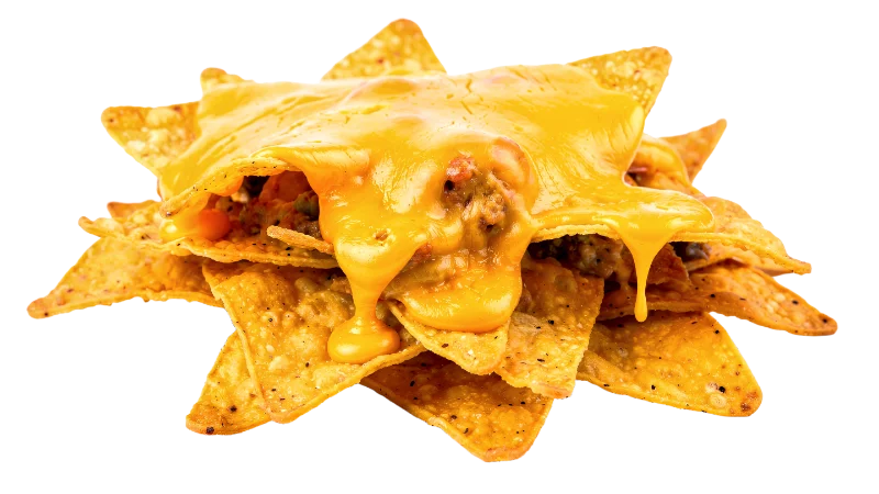 Crispy Corn Tortilla Chips Topped with Melted Cheddar Cheese — Food transparent PNG image, cheese