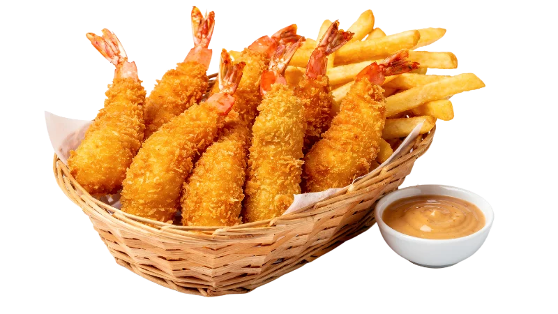 Crispy Fried Shrimp with French Fries in a Basket — Food transparent PNG image, appetizer