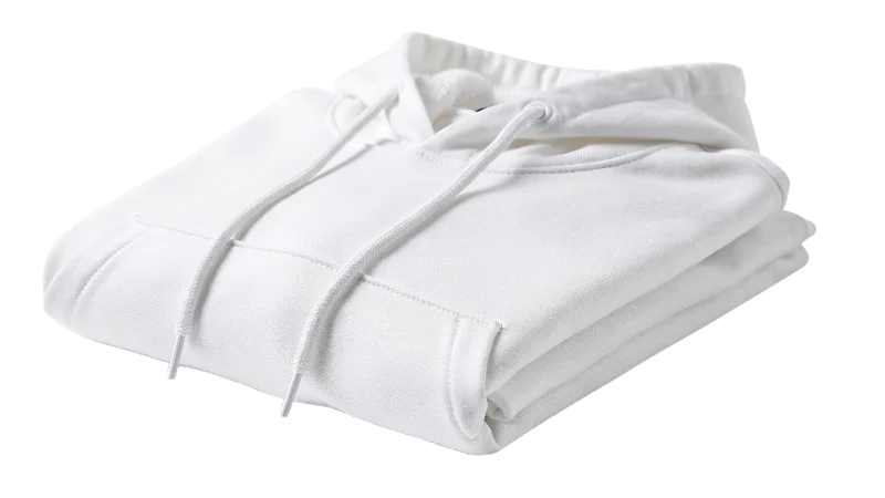Folded White Cotton Hoodie Sweatshirt — Lifestyle transparent PNG image, apparel