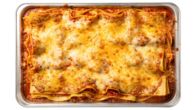 Freshly Baked Homemade Beef Lasagna in a Metal Tray — Food transparent PNG image, baked