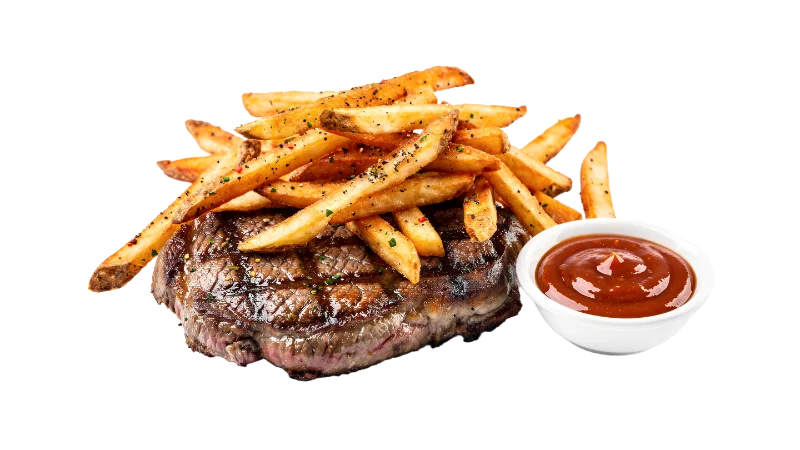 Grilled Beef Steak with Crispy French Fries and Ketchup — Food transparent PNG image, beef
