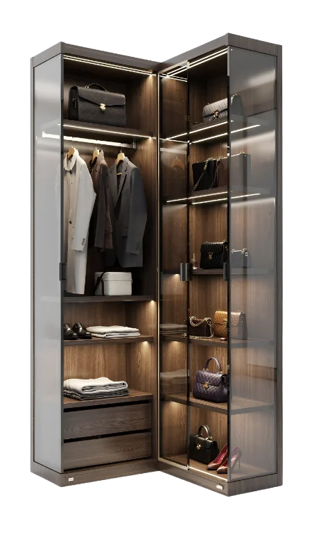 Modern Corner Wardrobe with Glass Doors and Interior Lighting — Buildings and Architecture transparent PNG image, cabinet