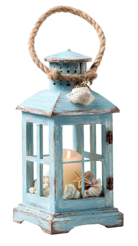 Rustic Blue Coastal Lantern with Seashells and Candle — Other transparent PNG image, beach
