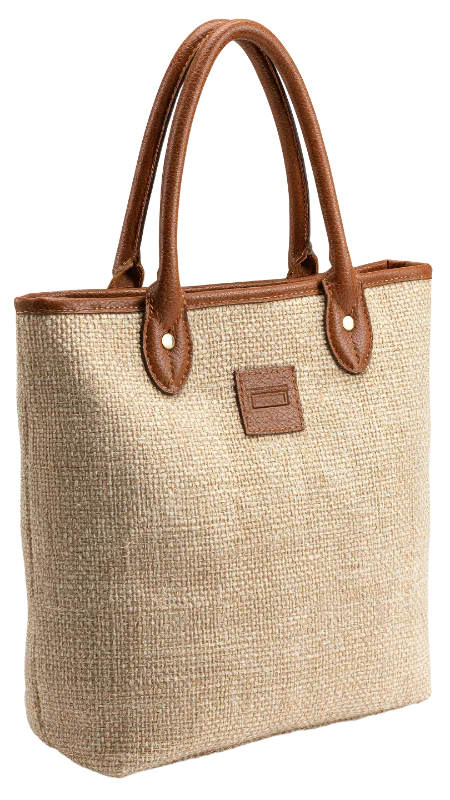 Stylish Burlap Tote Bag with Leather Handles — Lifestyle transparent PNG image, accessory